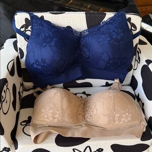 NWT Rhonda Shear 1X 2 pc. Navy and NudeLace Wireless Comfort Bra - Adj. Straps